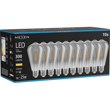 Mexen Vintis 10x žiarovka filament LED E27, ST64, 4W, Teplá - 2700K, 300 lm, dymová - L152-E27-0427-70x10