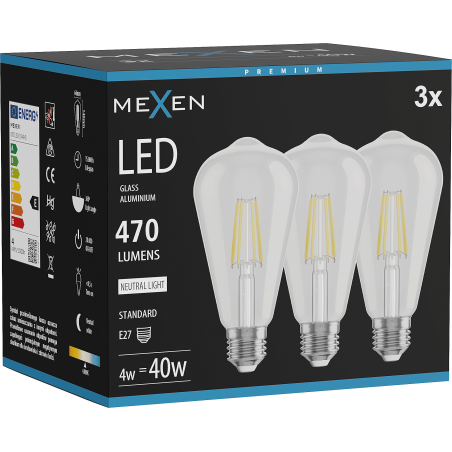 Mexen Vintis 3x Žiarovka filament LED E27, ST64, 4W, Neutrálna - 4000K, 470 lm, číra - L152-E27-0440-00x03