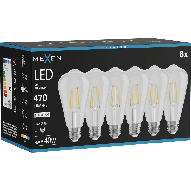 Mexen Vintis 6x LED žiarovka filament E27, ST64, 4W, Neutrálna - 4000K, 470 lm, číra - L152-E27-0440-00x06