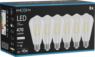 Mexen Vintis 6x LED žiarovka filament E27, ST64, 4W, Neutrálna - 4000K, 470 lm, číra - L152-E27-0440-00x06