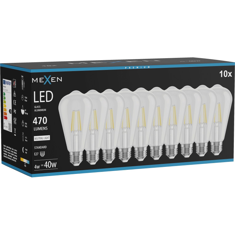 Mexen Vintis 10x žiarovka filament LED E27, ST64, 4W, Neutrálna - 4000K, 470 lm, klar - L152-E27-0440-00x10