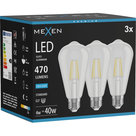 Mexen Vintis 3x LED žiarovka filament E27, ST64, 4W, Studená - 6500K, 470 lm, číra - L152-E27-0465-00x03