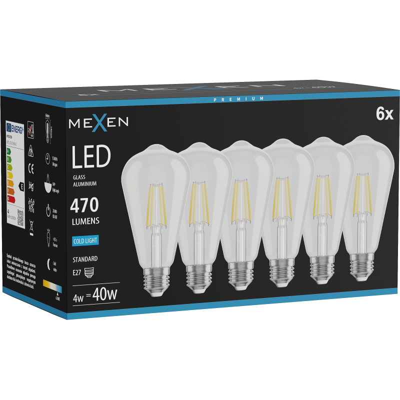 Mexen Vintis 6x LED vlákno žiarovka E27, ST64, 4W, Studená - 6500K, 470 lm, číra - L152-E27-0465-00x06