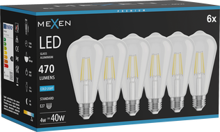 Mexen Vintis 6x LED vlákno žiarovka E27, ST64, 4W, Studená - 6500K, 470 lm, číra - L152-E27-0465-00x06