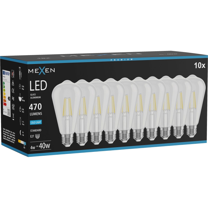 Mexen Vintis 10x žiarovka filament LED E27, ST64, 4W, Studená - 6500K, 470 lm, číra - L152-E27-0465-00x10