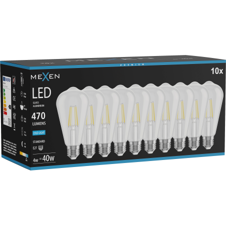 Mexen Vintis 10x žiarovka filament LED E27, ST64, 4W, Studená - 6500K, 470 lm, číra - L152-E27-0465-00x10