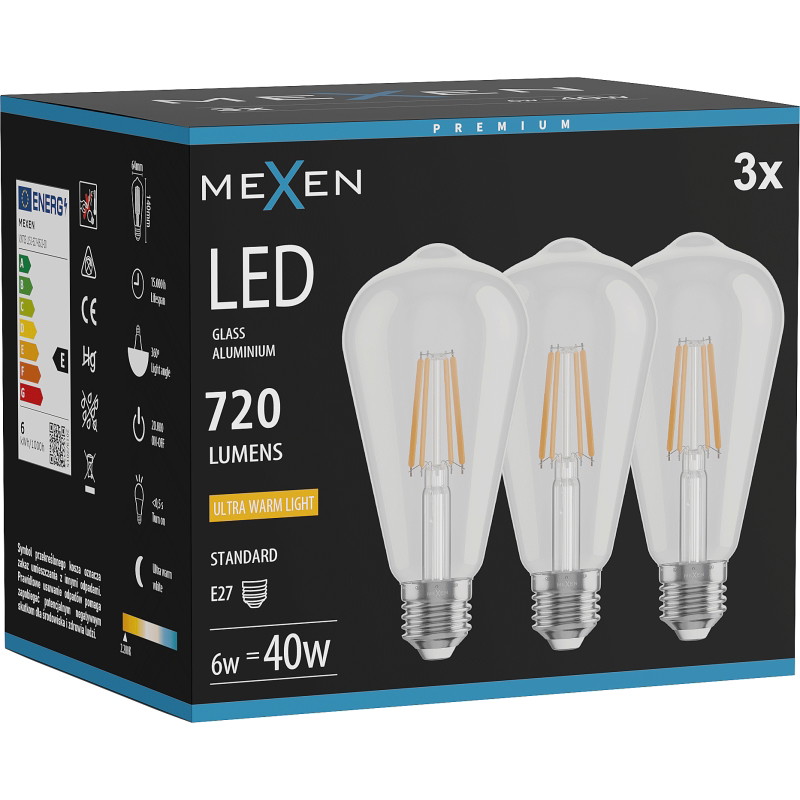Mexen Vintis 3x LED žiarovka filament E27, ST64, 6W, Teplá - 2200K, 720 lm, číra - L152-E27-0622-00x03