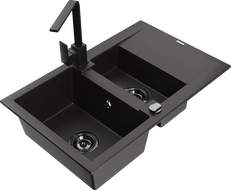 Mexen Gaspar Granitový drez 1,5-komorový s odkvapkávačom a kuchynskou batériou Rita, čierny/zlatý - 6507-75-670300-70-B