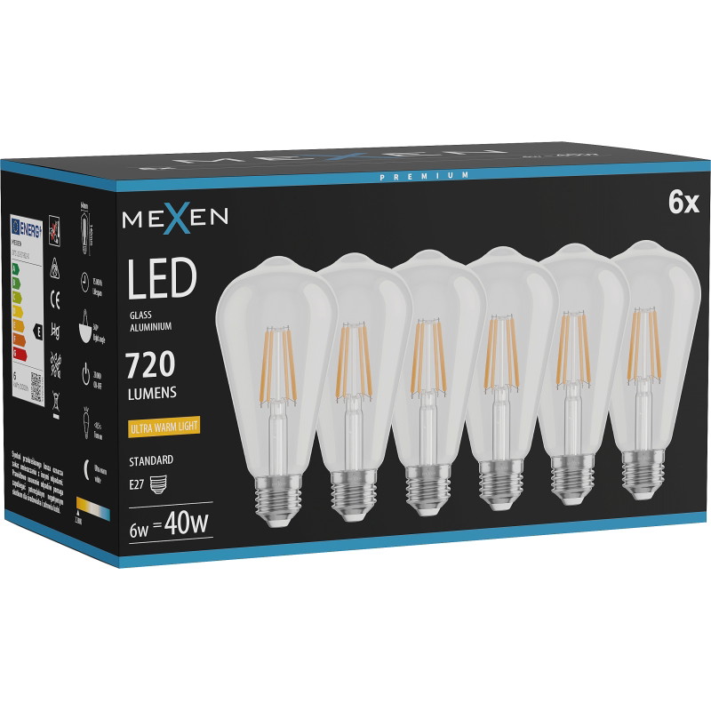 Mexen Vintis 6x LED filamentová žiarovka E27, ST64, 6W, Teplá - 2200K, 720 lm, číra - L152-E27-0622-00x06