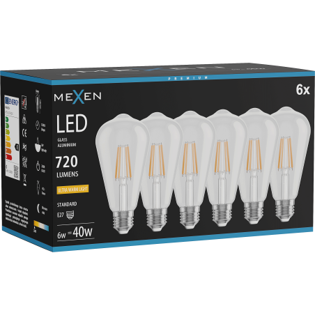 Mexen Vintis 6x LED filamentová žiarovka E27, ST64, 6W, Teplá - 2200K, 720 lm, číra - L152-E27-0622-00x06