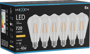 Mexen Vintis 6x LED filamentová žiarovka E27, ST64, 6W, Teplá - 2200K, 720 lm, číra - L152-E27-0622-00x06