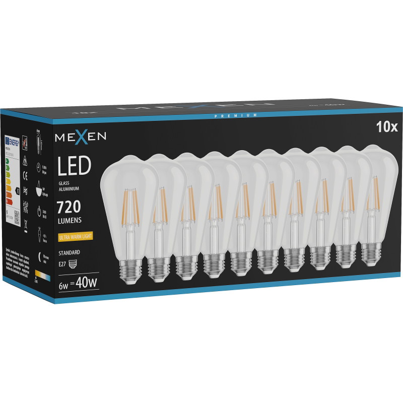 Mexen Vintis 10x LED žiarovka filament E27, ST64, 6W, Teplá - 2200K, 720 lm, priehľadná - L152-E27-0622-00x10