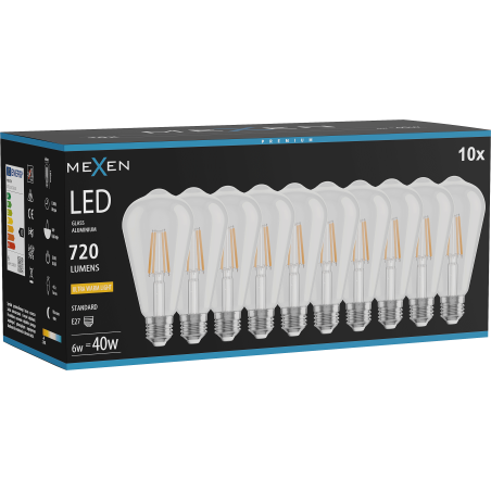 Mexen Vintis 10x LED žiarovka filament E27, ST64, 6W, Teplá - 2200K, 720 lm, priehľadná - L152-E27-0622-00x10