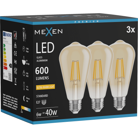 Mexen Vintis 3x LED vlákno žiarovka E27, ST64, 6W, Teplá - 2200K, 600 lm, jantárová - L152-E27-0622-50x03
