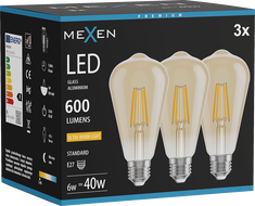 Mexen Vintis 3x LED vlákno žiarovka E27, ST64, 6W, Teplá - 2200K, 600 lm, jantárová - L152-E27-0622-50x03