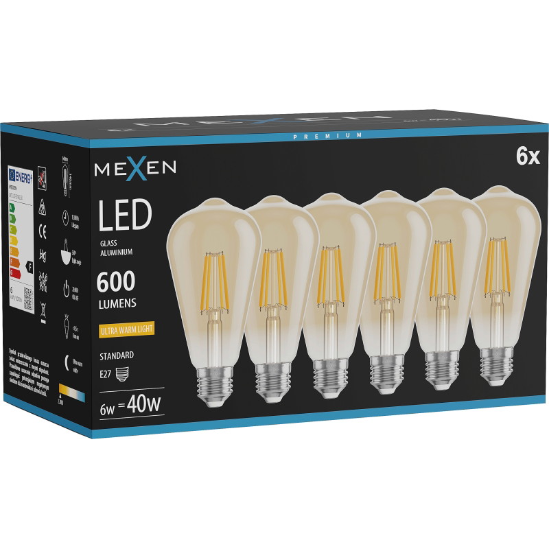 Mexen Vintis 6x Žiarovka filament LED E27, ST64, 6W, Teplá - 2200K, 600 lm, jantárová - L152-E27-0622-50x06