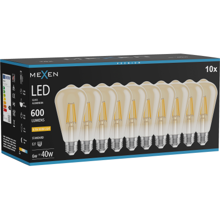 Mexen Vintis 10x LED žiarovka s vláknom E27, ST64, 6W, Teplá - 2200K, 600 lm, jantárová - L152-E27-0622-50x10