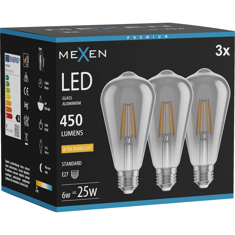 Mexen Vintis 3x Žiarovka filament LED E27, ST64, 6W, Teplá - 2200K, 450 lm, dymová - L152-E27-0622-70x03