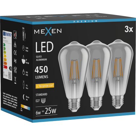 Mexen Vintis 3x Žiarovka filament LED E27, ST64, 6W, Teplá - 2200K, 450 lm, dymová - L152-E27-0622-70x03