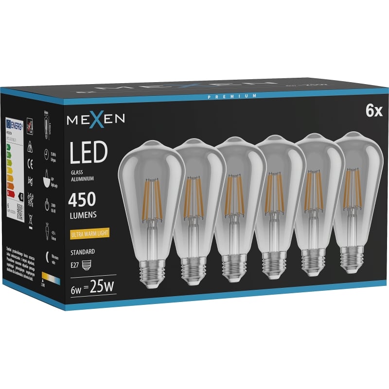 Mexen Vintis 6x LED žiarovka filament E27, ST64, 6W, Teplé - 2200K, 450 lm, dymové - L152-E27-0622-70x06