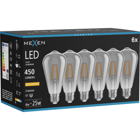 Mexen Vintis 6x LED žiarovka filament E27, ST64, 6W, Teplé - 2200K, 450 lm, dymové - L152-E27-0622-70x06