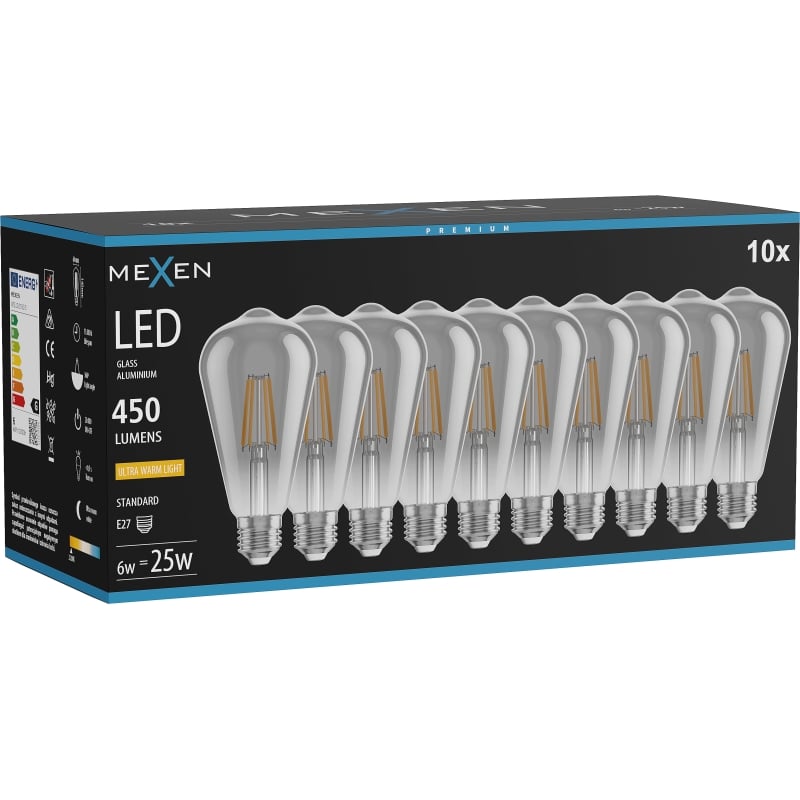 Mexen Vintis 10x Žiarovka filament LED E27, ST64, 6W, Teplá - 2200K, 450 lm, dymová - L152-E27-0622-70x10