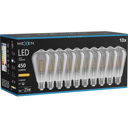 Mexen Vintis 10x Žiarovka filament LED E27, ST64, 6W, Teplá - 2200K, 450 lm, dymová - L152-E27-0622-70x10
