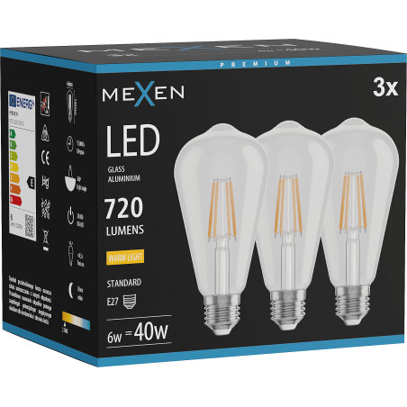 Mexen Vintis 3x LED žiarovka E27, ST64, 6W, Teplá - 2700K, 720 lm, číra - L152-E27-0627-00x03