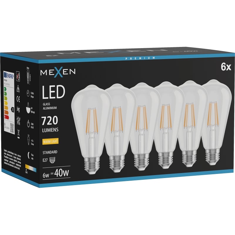 Mexen Vintis 6x LED filamentová žiarovka E27, ST64, 6W, Teplá - 2700K, 720 lm, číra - L152-E27-0627-00x06