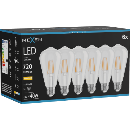 Mexen Vintis 6x LED filamentová žiarovka E27, ST64, 6W, Teplá - 2700K, 720 lm, číra - L152-E27-0627-00x06