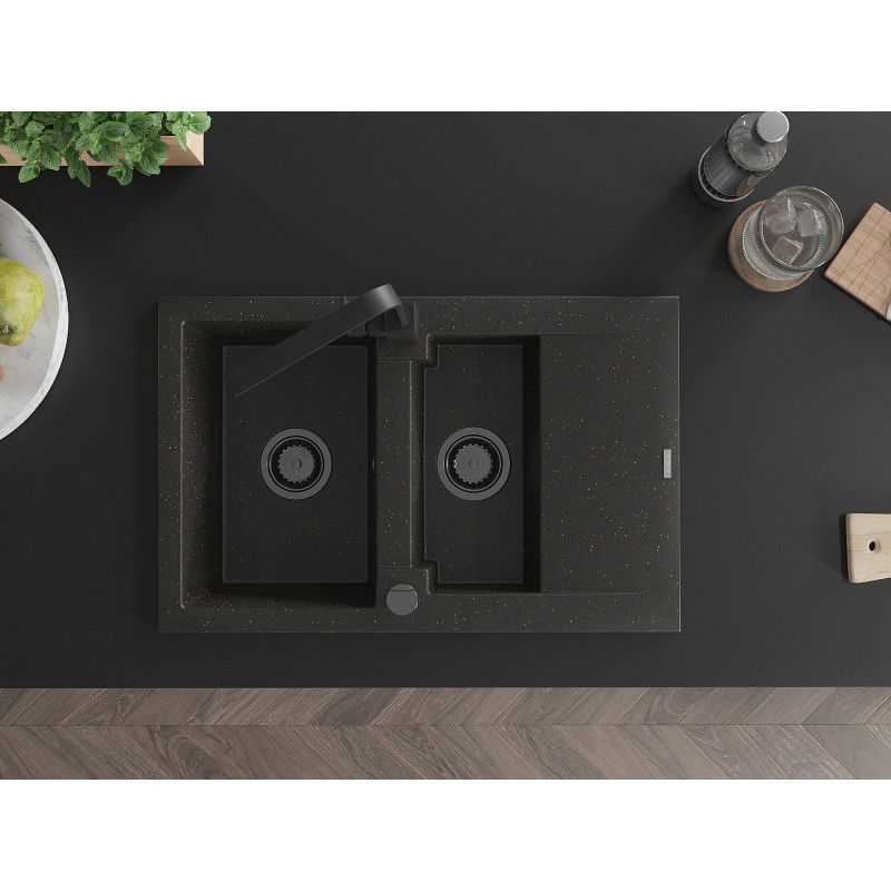 Mexen Gaspar Granitový drez 1,5-komorový s odkvapkávačom a kuchynskou batériou Rita, čierny/zlatý - 6507-75-670300-70-B