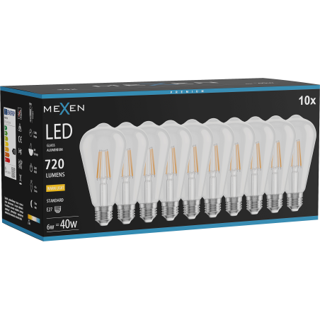 Mexen Vintis 10x LED žiarovka filament E27, ST64, 6W, Teplá - 2700K, 720 lm, číra - L152-E27-0627-00x10