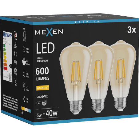 Mexen Vintis 3x žiarovka filament LED E27, ST64, 6W, Teplá - 2700K, 600 lm, jantár - L152-E27-0627-50x03
