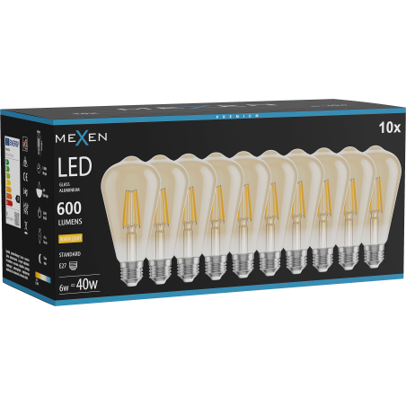 Mexen Vintis 10x LED žiarovka filament E27, ST64, 6W, Teplá - 2700K, 600 lm, jantárová - L152-E27-0627-50x10