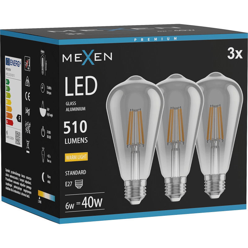 Mexen Vintis 3x LED žiarovka filament E27, ST64, 6W, Teplá - 2700K, 510 lm, dymová - L152-E27-0627-70x03