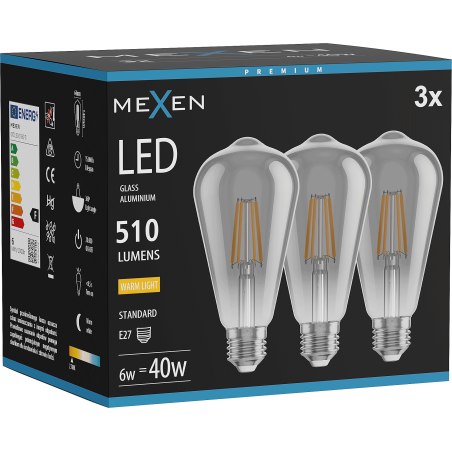 Mexen Vintis 3x LED žiarovka filament E27, ST64, 6W, Teplá - 2700K, 510 lm, dymová - L152-E27-0627-70x03