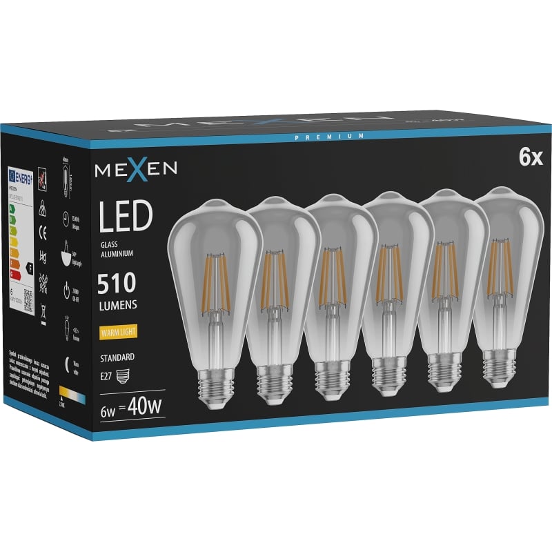 Mexen Vintis 6x žiarovka filament LED E27, ST64, 6W, Teplá - 2700K, 510 lm, dymová - L152-E27-0627-70x06