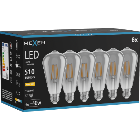 Mexen Vintis 6x žiarovka filament LED E27, ST64, 6W, Teplá - 2700K, 510 lm, dymová - L152-E27-0627-70x06