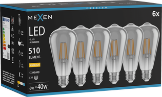Mexen Vintis 6x žiarovka filament LED E27, ST64, 6W, Teplá - 2700K, 510 lm, dymová - L152-E27-0627-70x06