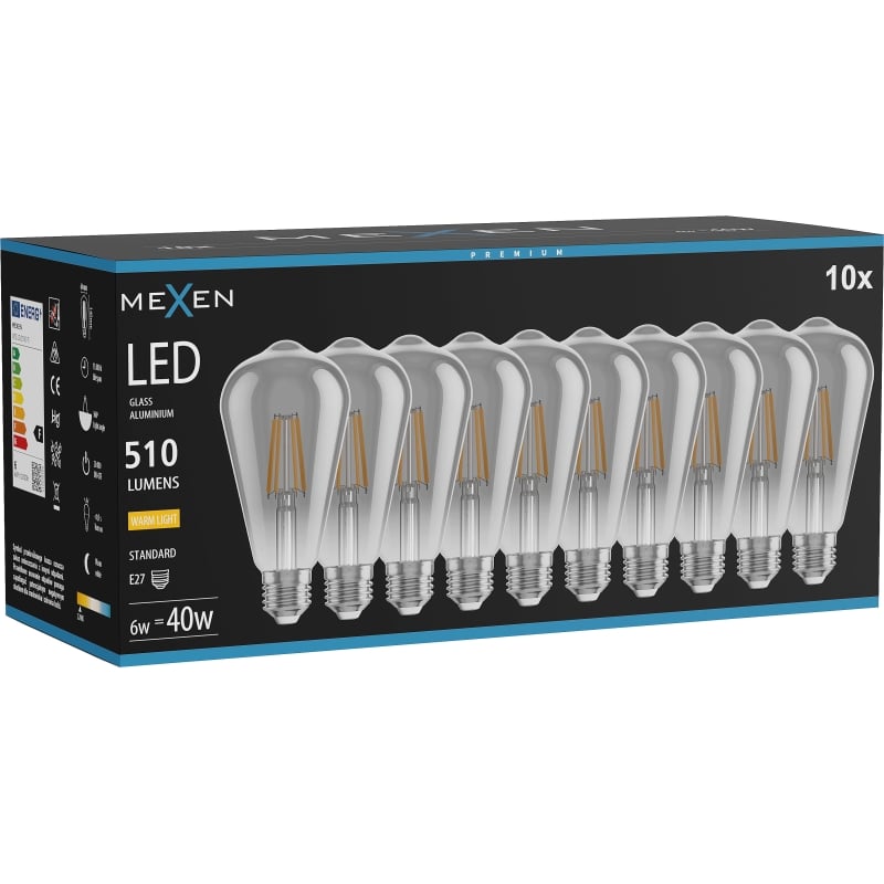 Mexen Vintis 10x LED vlákno žiarovka E27, ST64, 6W, Teplá - 2700K, 510 lm, dymová - L152-E27-0627-70x10