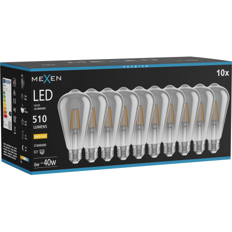 Mexen Vintis 10x LED vlákno žiarovka E27, ST64, 6W, Teplá - 2700K, 510 lm, dymová - L152-E27-0627-70x10