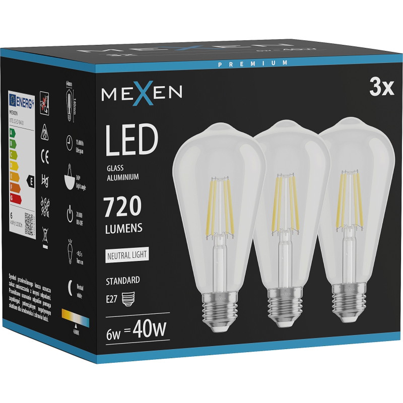Mexen Vintis 3x Žiarovka filament LED E27, ST64, 6W, Neutrálna - 4000K, 720 lm, číra - L152-E27-0640-00x03