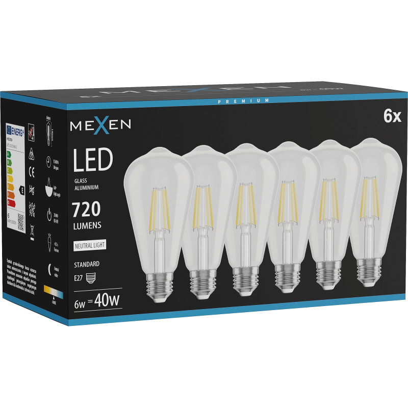 Mexen Vintis 6x Žiarovka filament LED E27, ST64, 6W, Neutrálna - 4000K, 720 lm, číra - L152-E27-0640-00x06