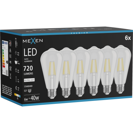 Mexen Vintis 6x Žiarovka filament LED E27, ST64, 6W, Neutrálna - 4000K, 720 lm, číra - L152-E27-0640-00x06