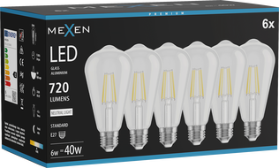 Mexen Vintis 6x Žiarovka filament LED E27, ST64, 6W, Neutrálna - 4000K, 720 lm, číra - L152-E27-0640-00x06