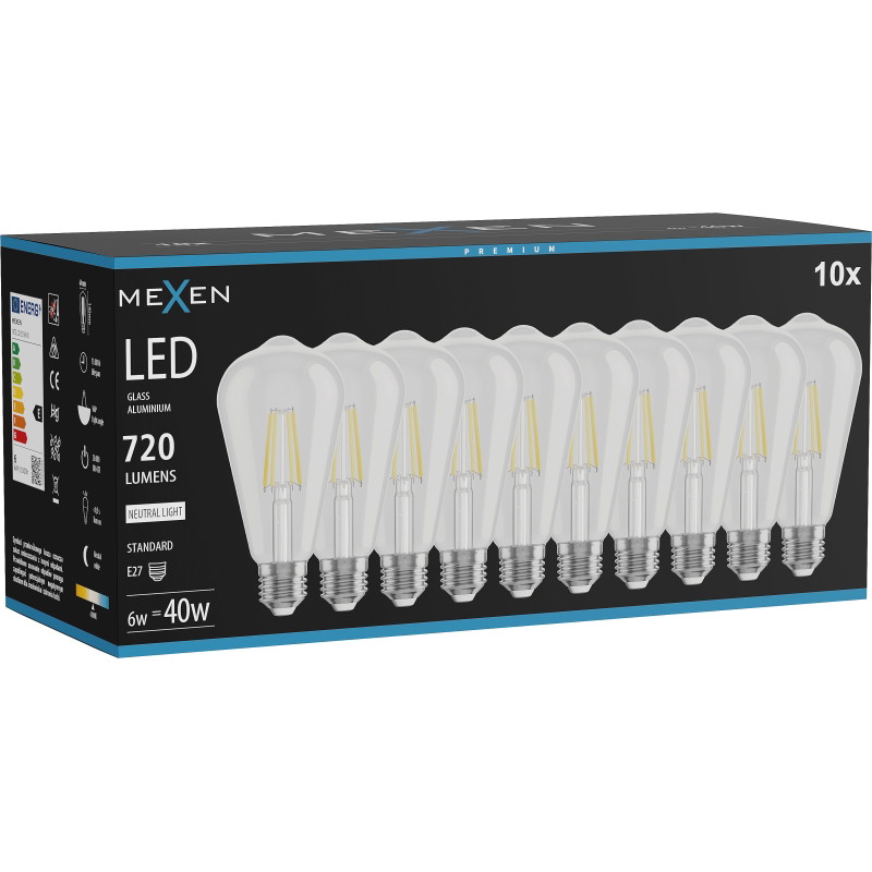 Mexen Vintis 10x žiarovka filament LED E27, ST64, 6W, Neutrálna - 4000K, 720 lm, clear - L152-E27-0640-00x10