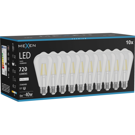 Mexen Vintis 10x žiarovka filament LED E27, ST64, 6W, Neutrálna - 4000K, 720 lm, clear - L152-E27-0640-00x10