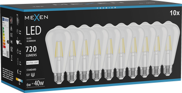 Mexen Vintis 10x žiarovka filament LED E27, ST64, 6W, Neutrálna - 4000K, 720 lm, clear - L152-E27-0640-00x10