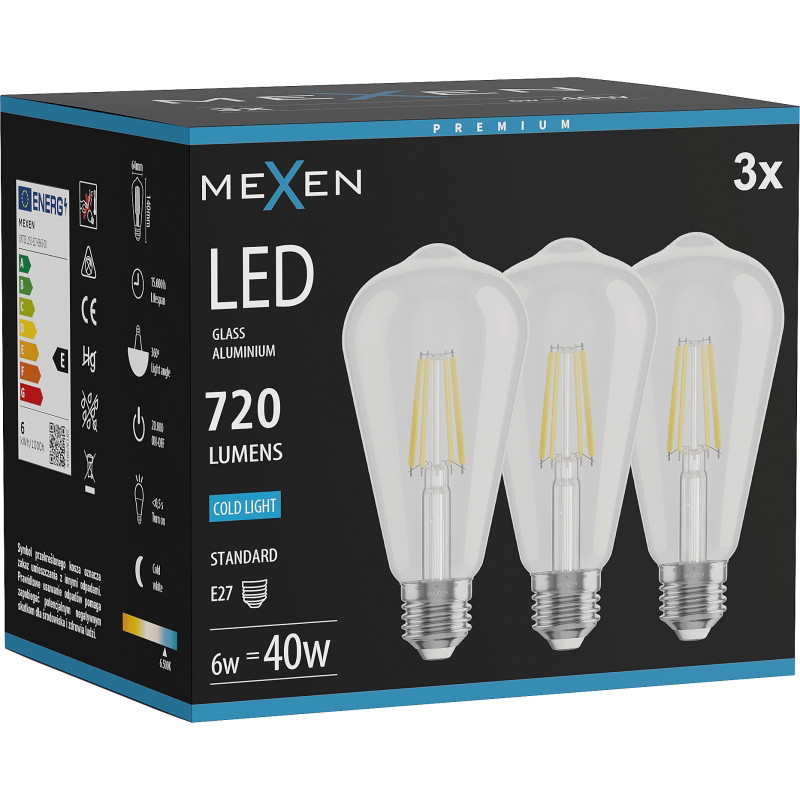 Mexen Vintis 3x LED vlákno žiarovka E27, ST64, 6W, Studená - 6500K, 720 lm, číra - L152-E27-0665-00x03