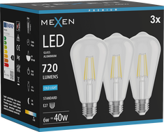 Mexen Vintis 3x LED vlákno žiarovka E27, ST64, 6W, Studená - 6500K, 720 lm, číra - L152-E27-0665-00x03